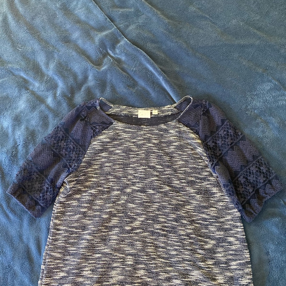Anthropologie Blue Short Sleeve Tee with Lace Sleeves
